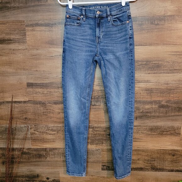 American Eagle Jeans 0 R Skinny 90's Mid Rise Medium Dark Wash Stretch Denim - Picture 1 of 12